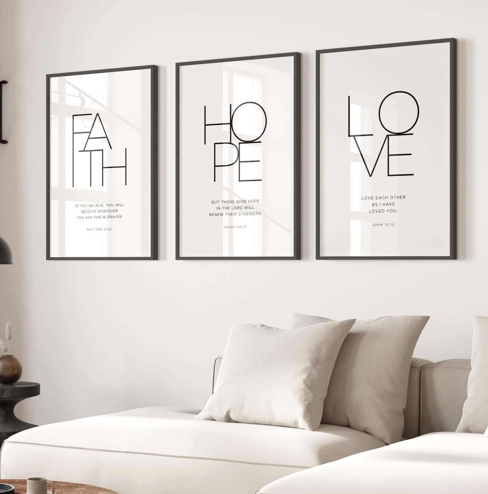 Faith, Hope and Love, 1 Corinthians 13:13 | Trio Set, Christian Wall Art, A2 at XILEF Art