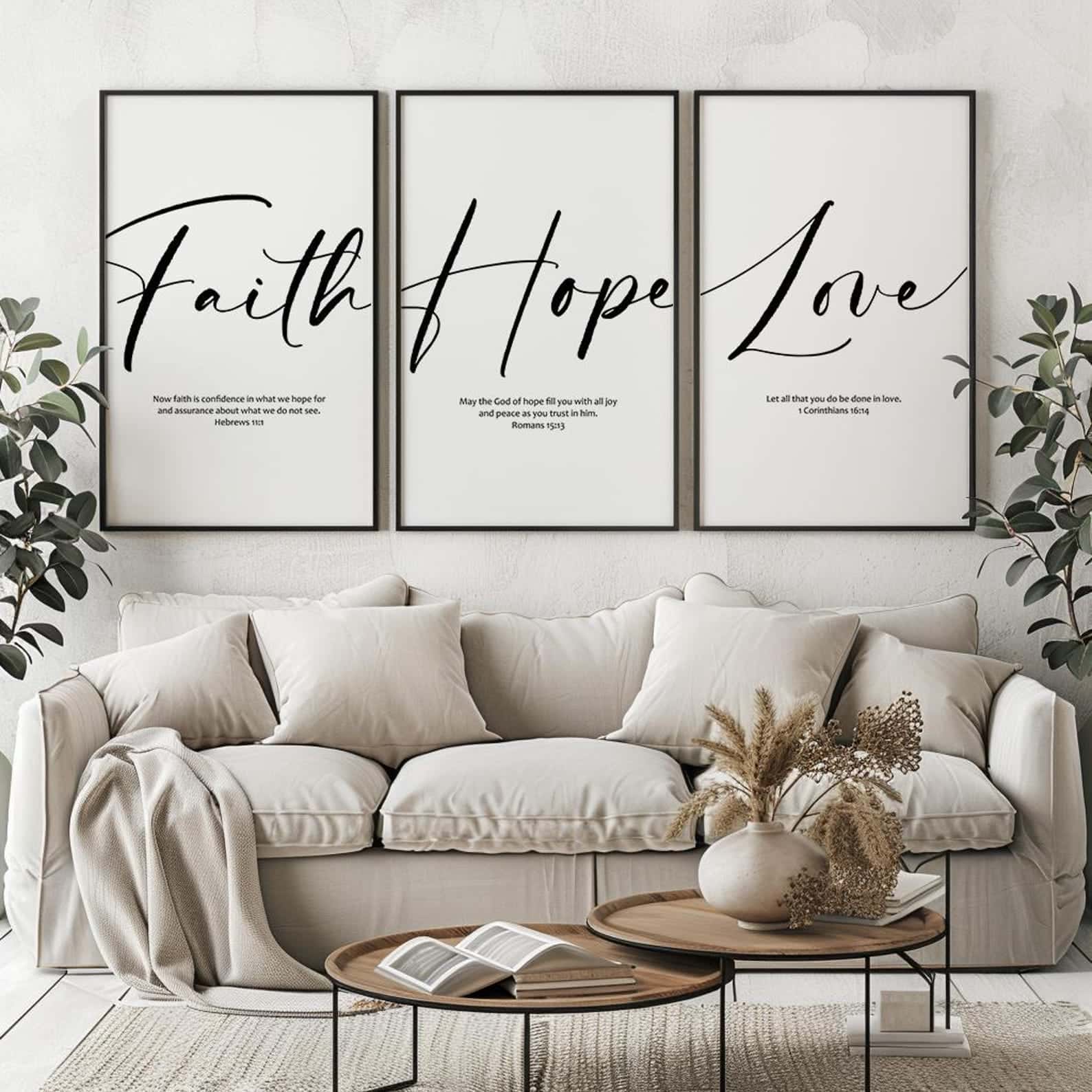 Faith, Hope and Love, 1 Corinthians 13:13 | Trio Set, Christian Wall Art, A2 at XILEF Art