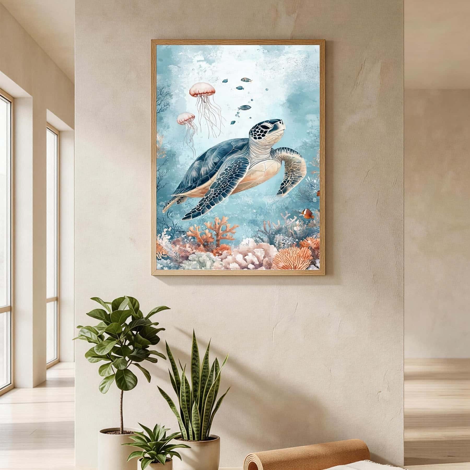 Sea Turtle Jellyfish Coral Reef | Wildlife Artwork | Nature Wall Art | A2 at XILEF Art